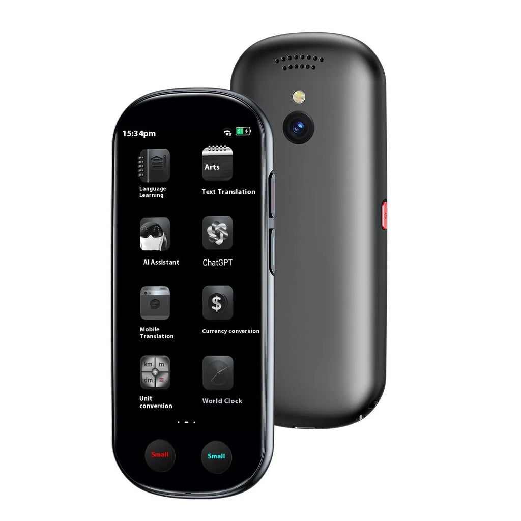 Black simultaneous interpretation translator device with neck lanyard and USB charging cable