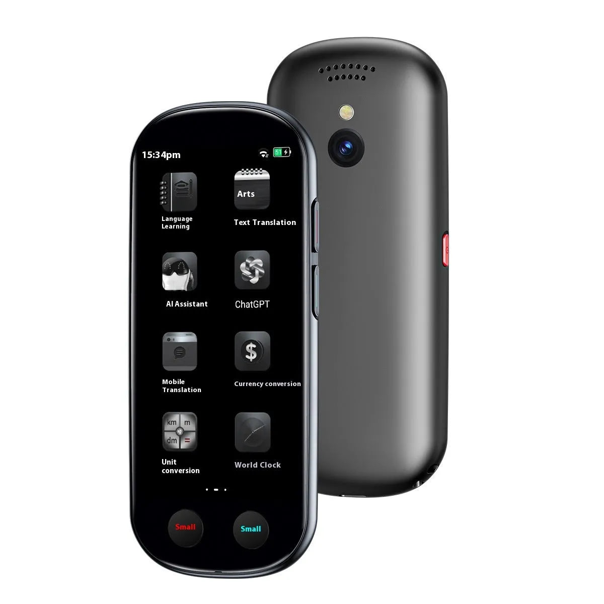 Black simultaneous interpretation translator device with neck lanyard and USB charging cable