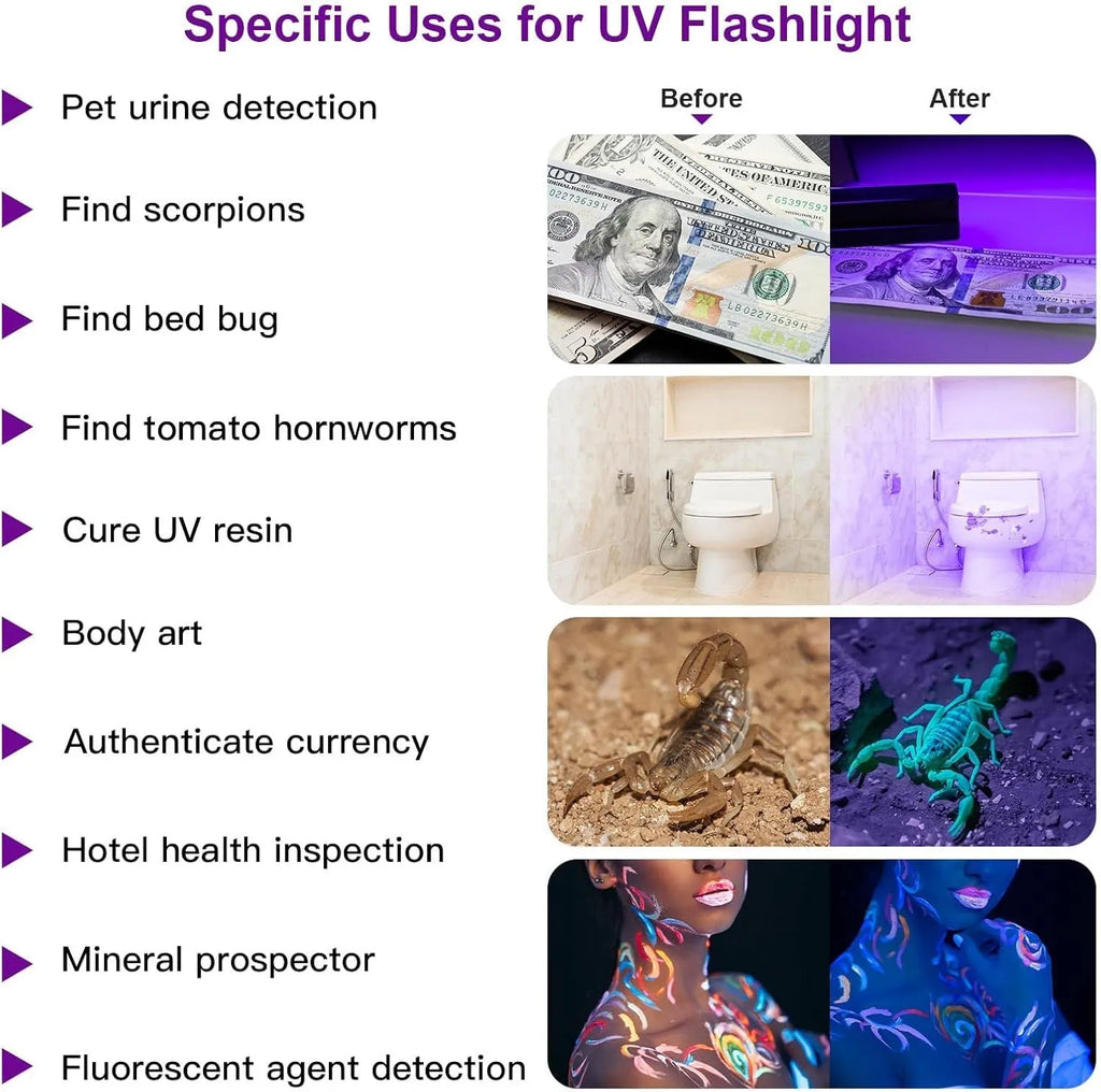 Black or silver UV flashlight torch for detecting pet urine, bed bugs, and scorpions