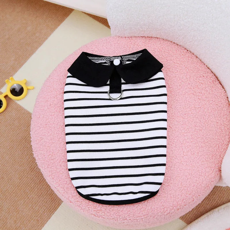 Pet dog wearing cotton summer stripes t-shirt and skirt set