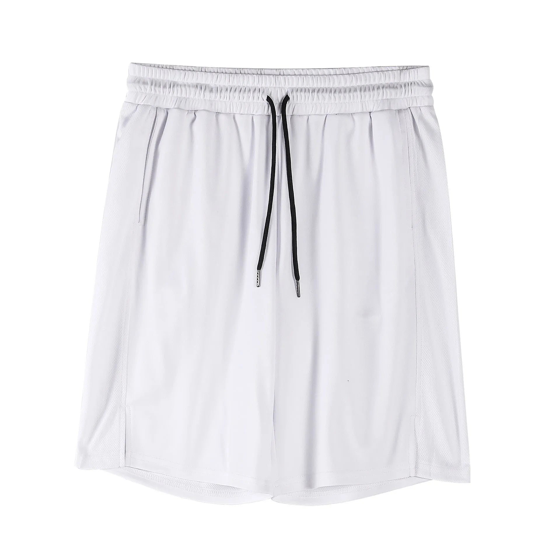 Man wearing loose black capri-length fitness shorts with an elasticated waistband.