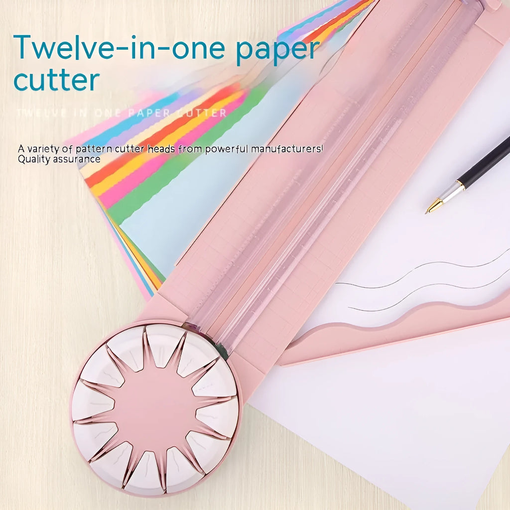 12-in-1 plastic paper cutting machine with dotted cutter measuring 46.2cm long in pink and black colour options