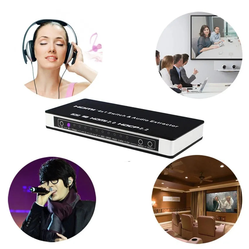 Black HDMI switch unit with four input and one output port, remote control, and power adapter.