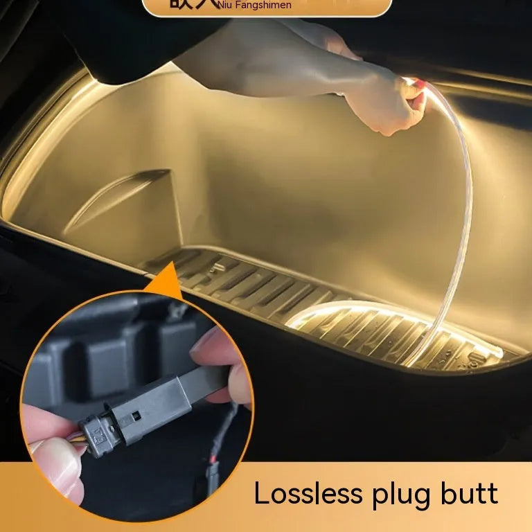 Tesla Model 3 Y front backup box ambience interior light kit with soft silicone bar in ice blue, pure white, and warm white