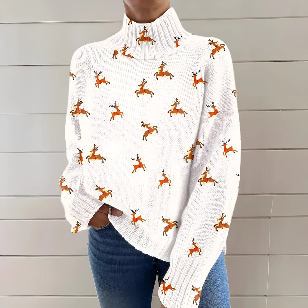 Women's loose fit Christmas printed turtleneck sweater in macaron colours