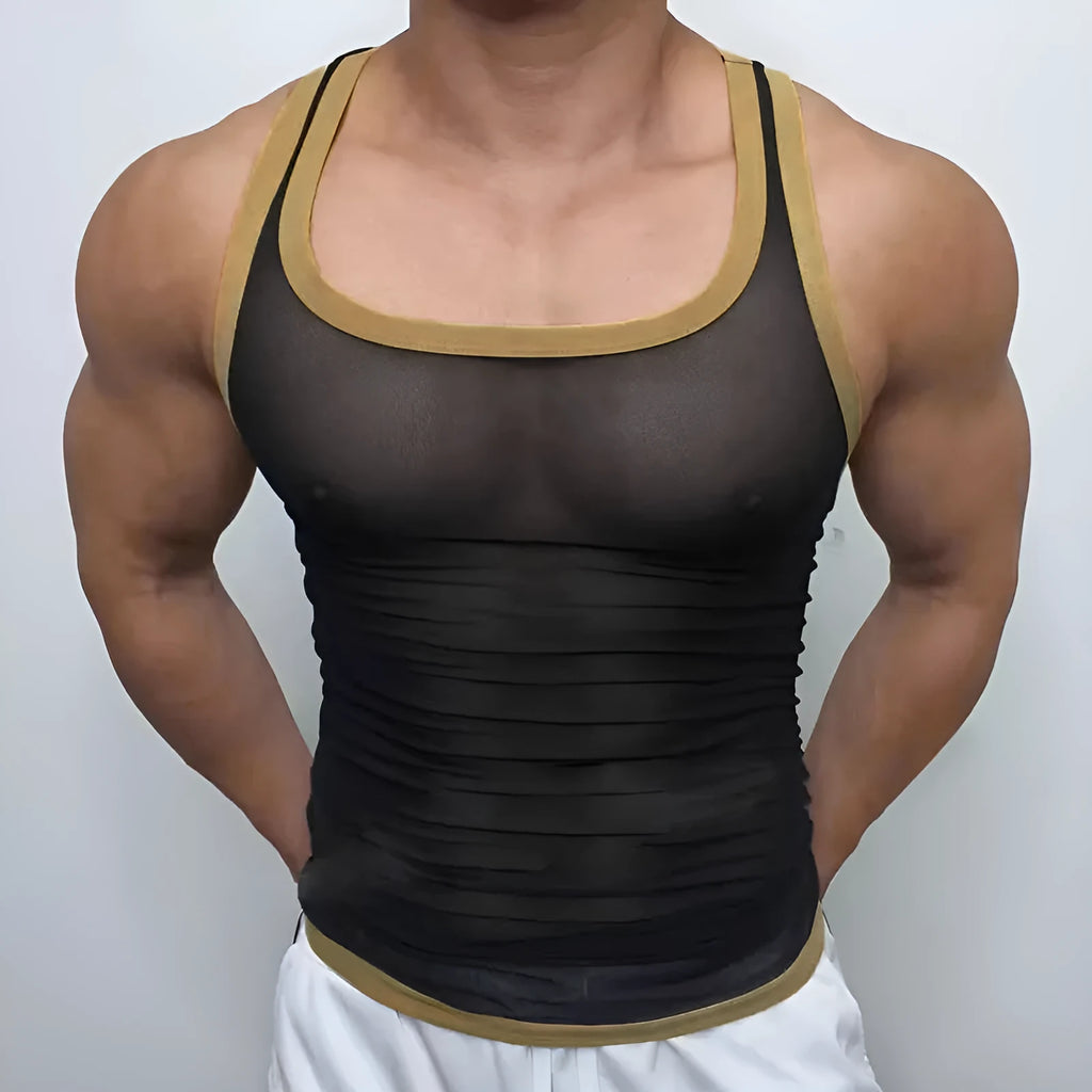 Men's tight white mesh sports vest with straight hem on a manikin