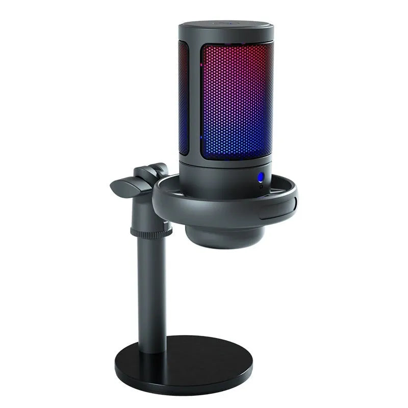 Condenser microphone with RGB lights in black, pink, or white, with a 150cm USB cable.