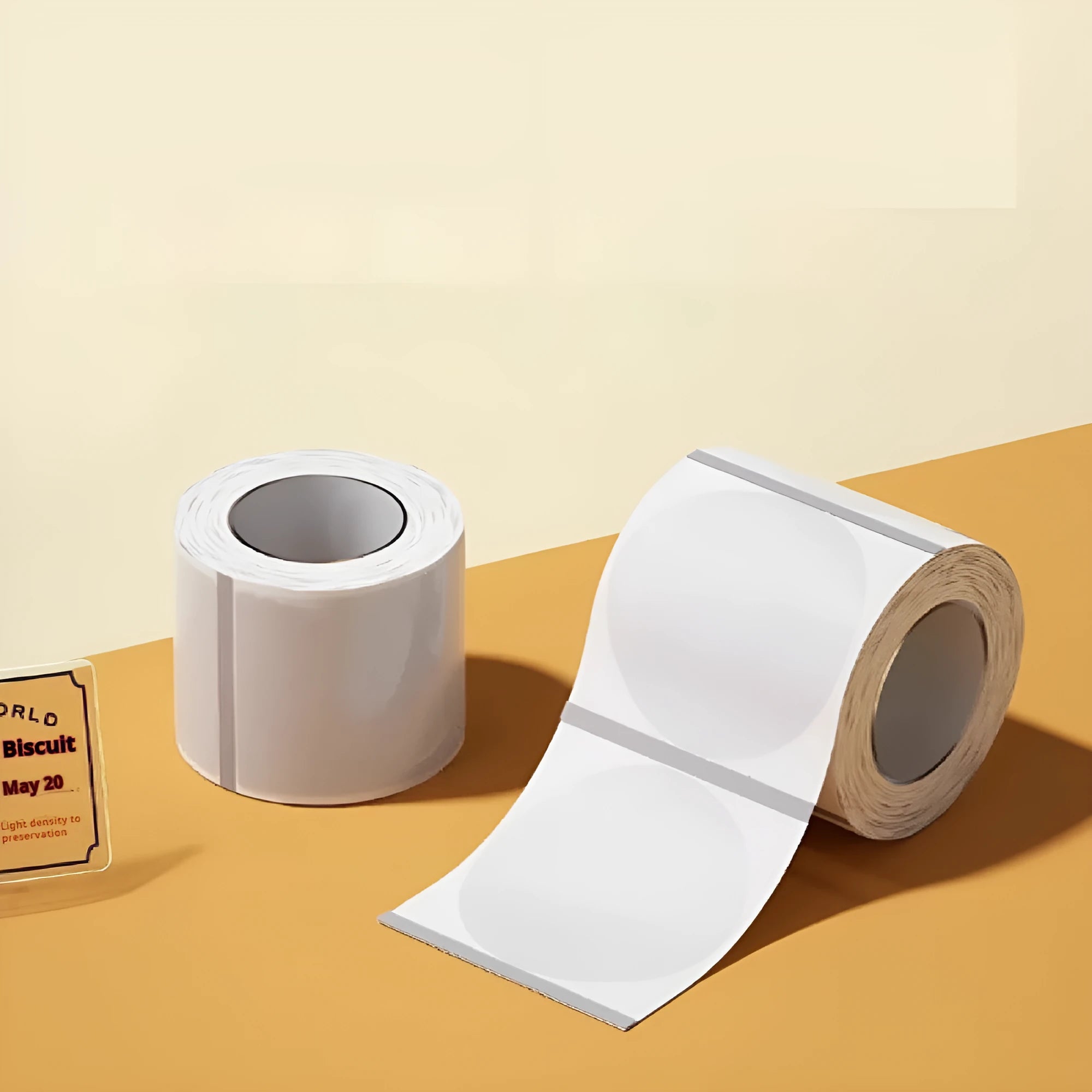 Transparent waterproof adhesive labels in multiple rectangular and circular sizes on thermal synthetic paper sheets