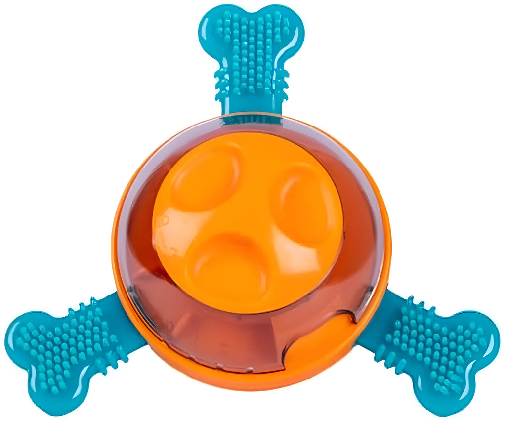 Blue dog interactive puzzle feeder slow feeder with attached rubber bones on a white background.