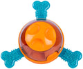 Blue dog interactive puzzle feeder slow feeder with attached rubber bones on a white background.