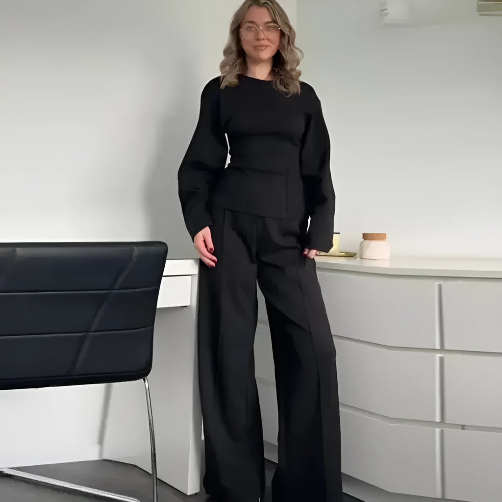 Women's polar fleece suit set with long sleeve O-neck top and wide leg trousers in multiple colour options.