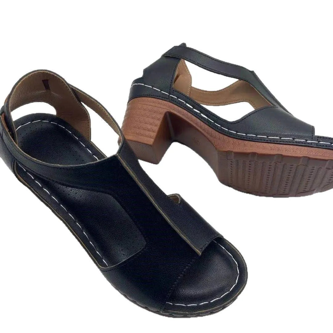 Peep toe wedge sandals with Roman style buckle and fish mouth open toe design in creamy-white colour