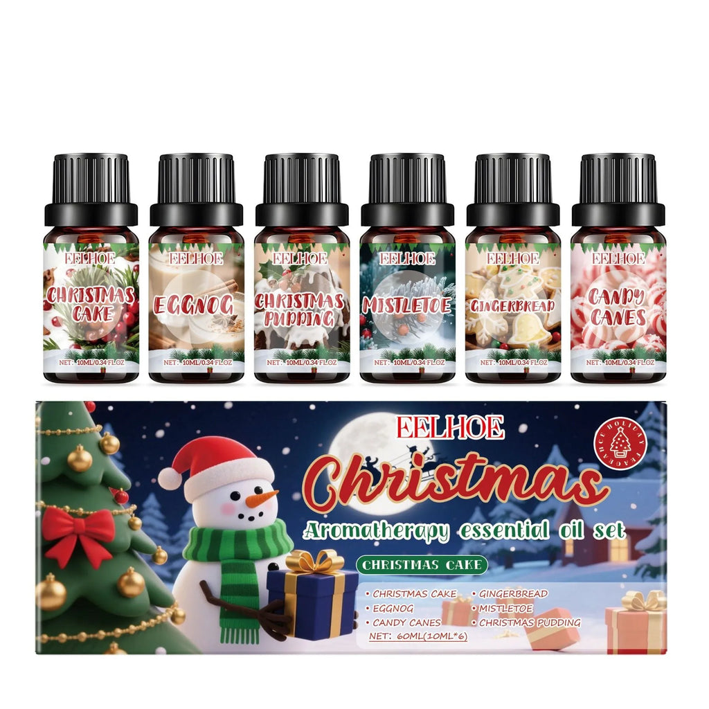 Christmas aromatherapy oil set showing six 60ml bottles with droppers for festive home fragrance