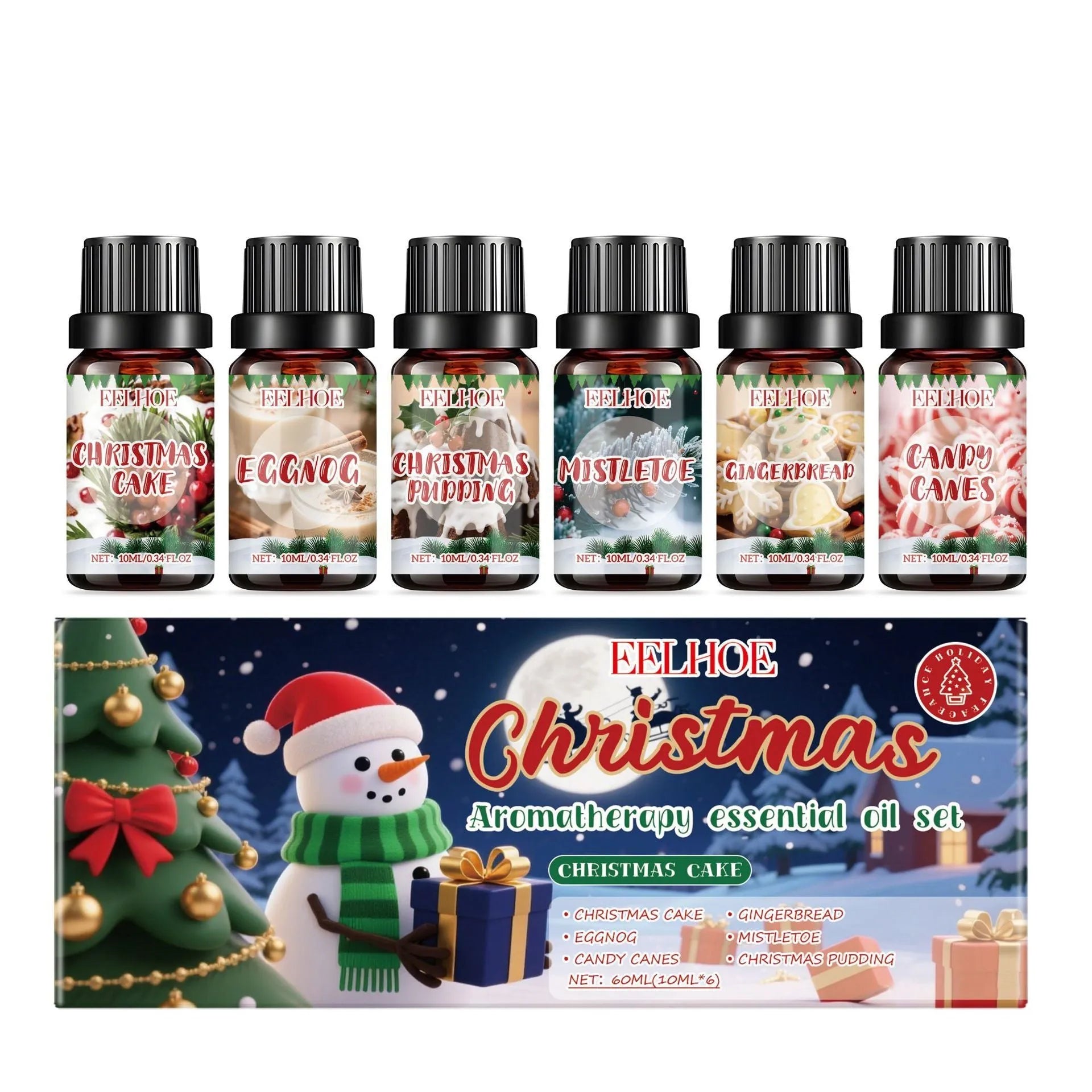 Christmas aromatherapy oil set showing six 60ml bottles with droppers for festive home fragrance