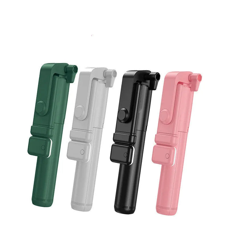 Black Bluetooth selfie stick tripod with phone holder showing 360-degree rotating head and aluminium alloy construction