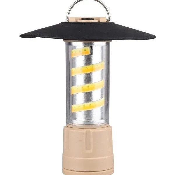 Camping lamp in khaki or army green with USB charging, 3W LED light source, plastic and aluminium alloy body, 125x45cm.