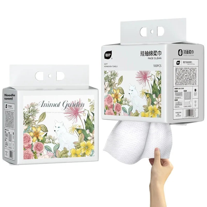 Disposable hanging roll of 100 soft face cloths made from viscose and polyester blend.