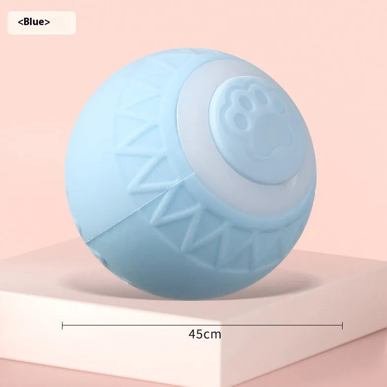 Blue automatic moving cat toy ball with self-bouncing technology on indoor floor