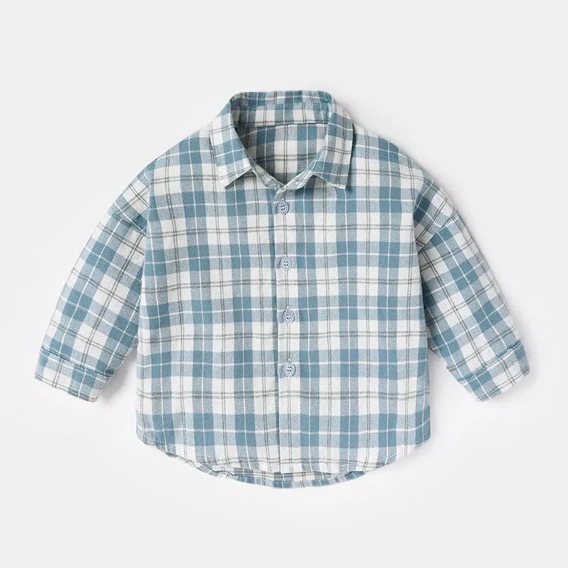 Boys' cotton lattice pattern shirt in khaki, light blue, pink or yellow with animal cartoon prints