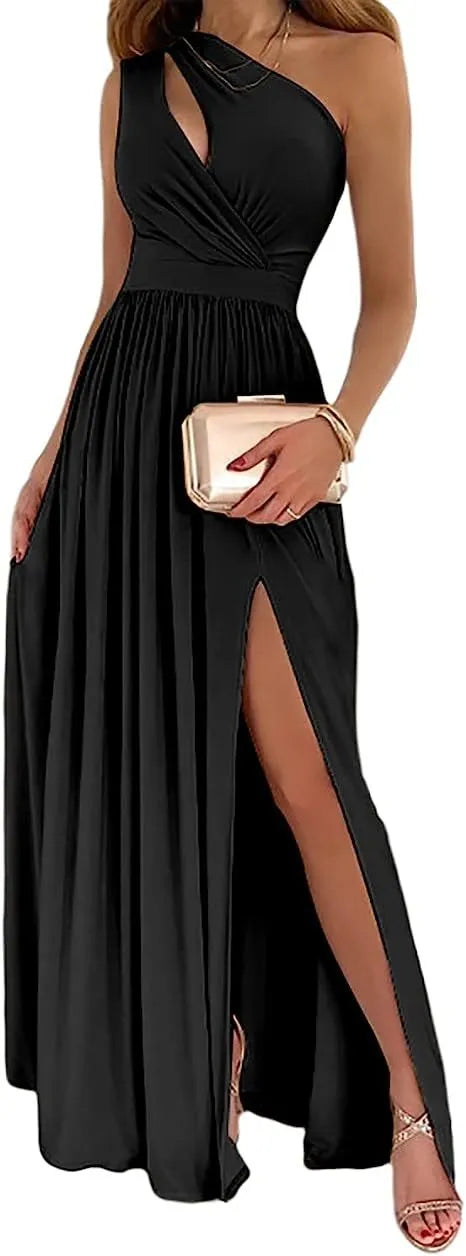 Women's one shoulder sleeveless maxi dress with high split cutout design in apricot colour