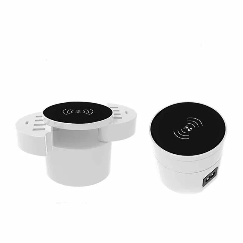 Ceramic white wireless circular charger with worldwide outlet compatibility and 1.5 metre cable