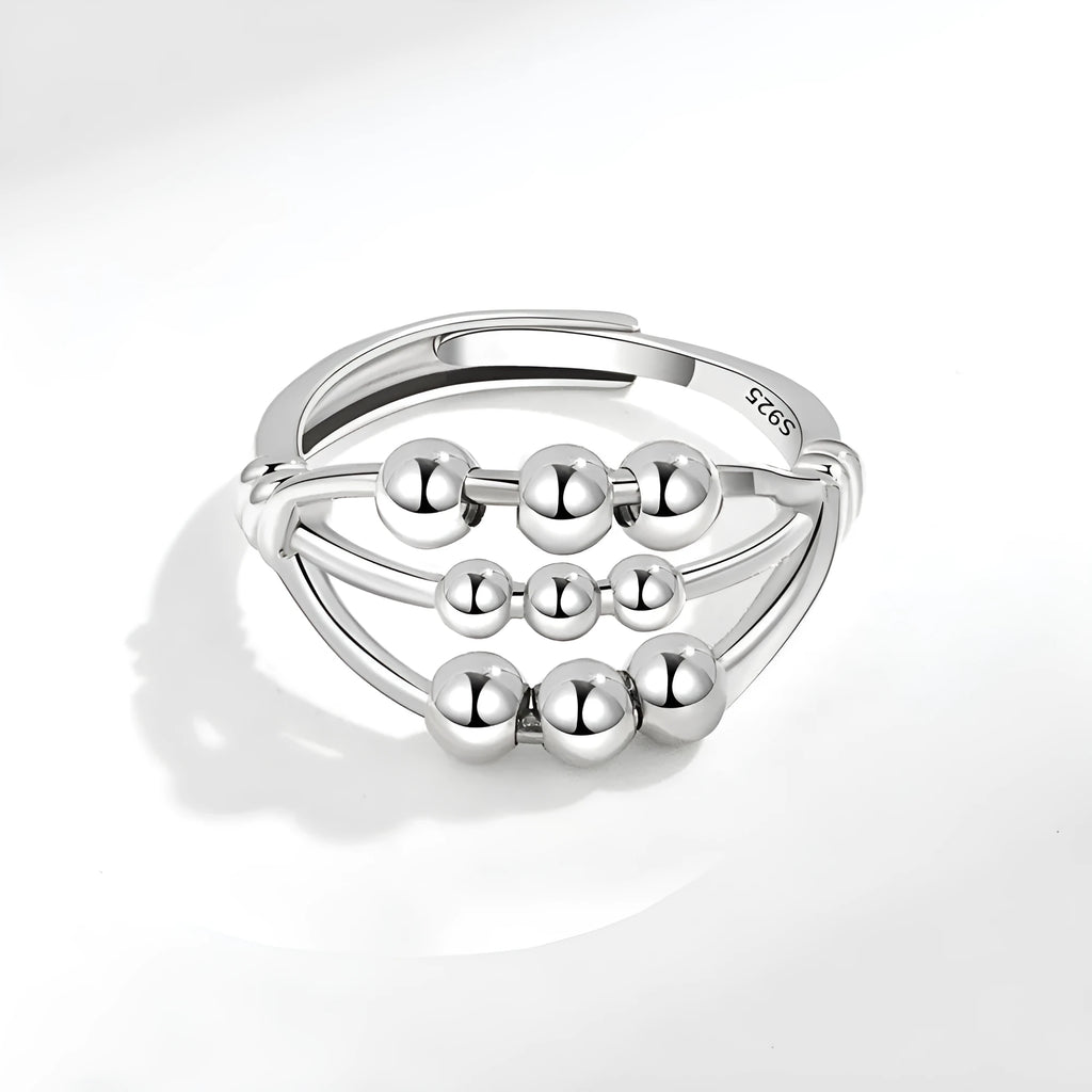 Open adjustable copper ring with three-layer beaded texture and white gold electroplated finish for women