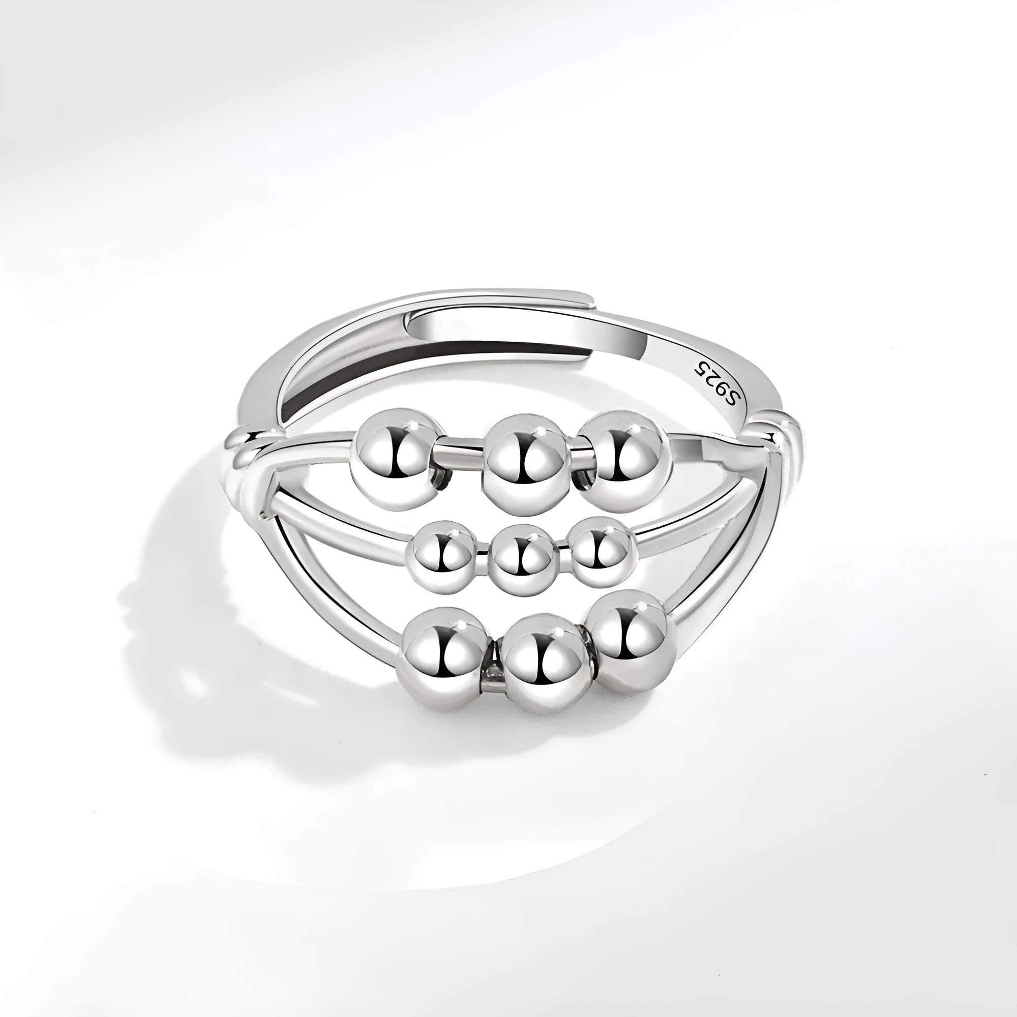Open adjustable copper ring with three-layer beaded texture and white gold electroplated finish for women