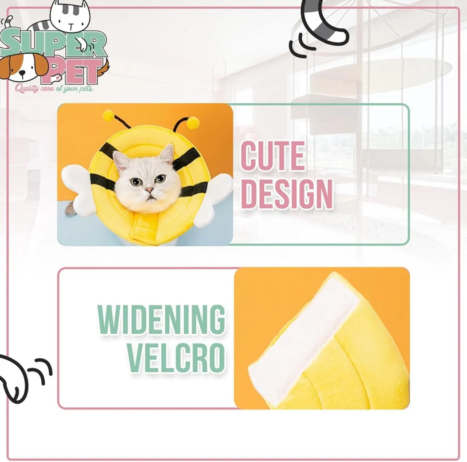 Soft cat cone collar with bee design showing Velcro closure and wide protective shape