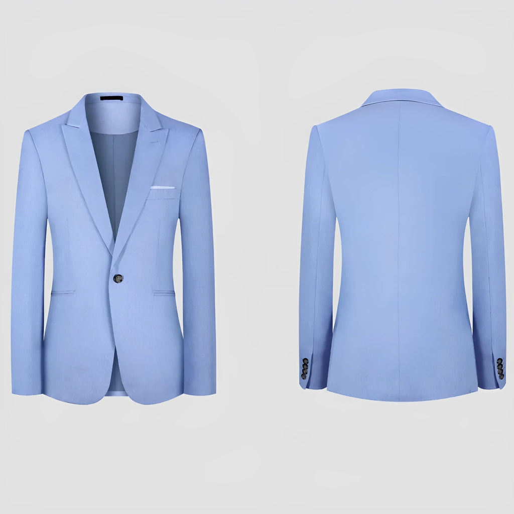 Men's casual light blue and pink western-style suit coat laid flat with size chart showing measurements.