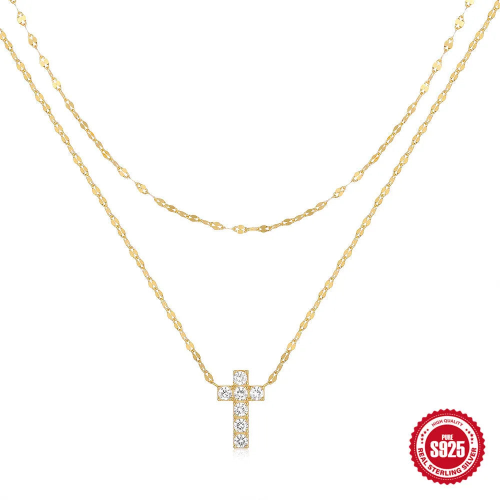 S925 sterling silver double layer twin diamond cross necklace on a clavicle chain.