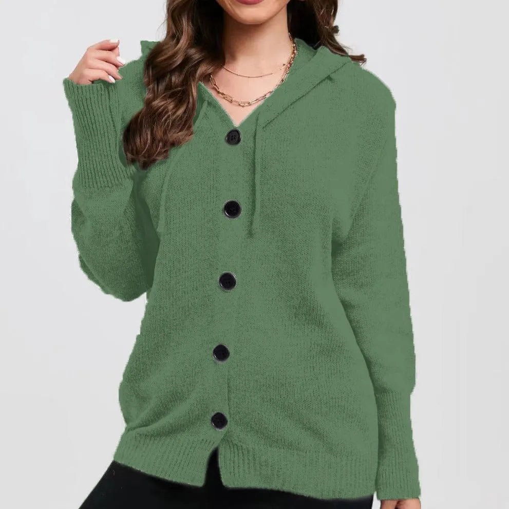Women's loose fit hooded cardigan sweater in thick cotton, shown in a solid colour.