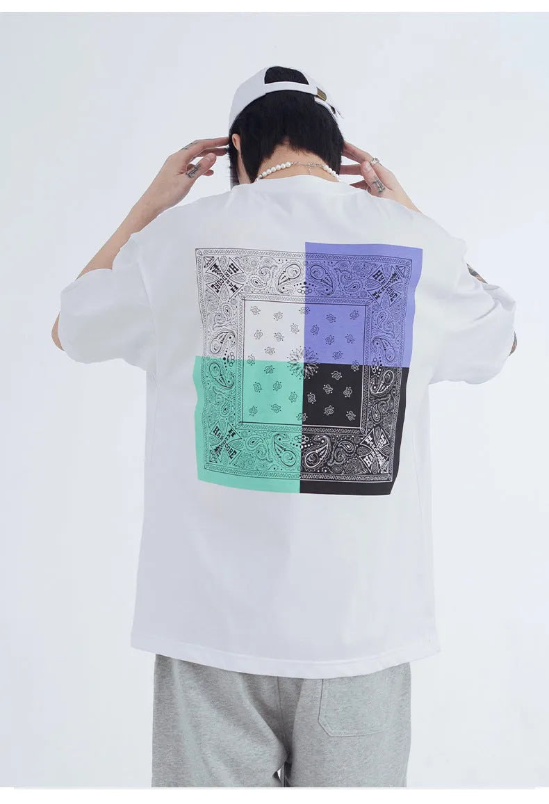 Men's loose cotton stripe printed short sleeve T-shirt pullover in black and white