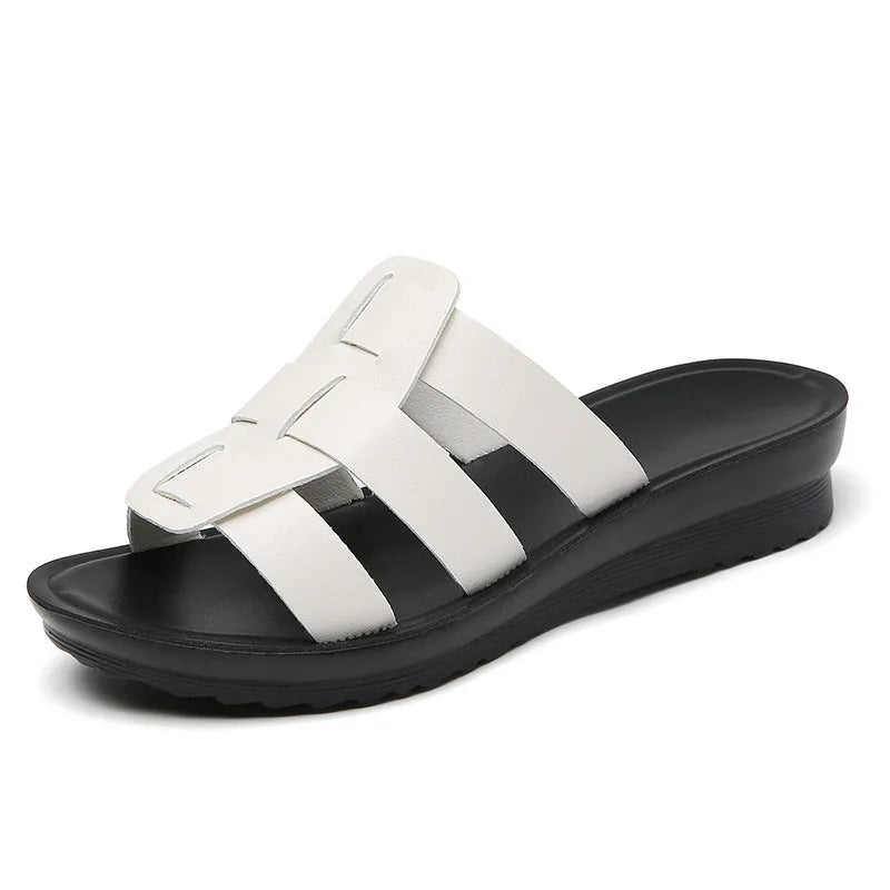 Women's flat-bottom slippers in beige, black, or brown with soft sole and PU construction