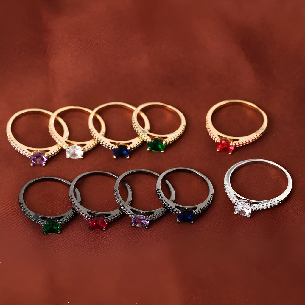 Geometric hexagon copper ring with colourful zircon stones in a silver white finish.