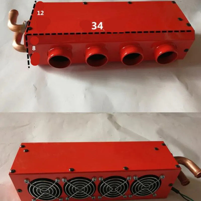 Metal car heater with copper pipe connector for 12V or 24V vehicle installation.