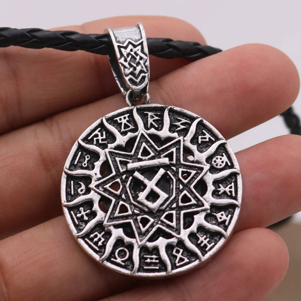 Lunavin ODing logo pendant necklace on a snake chain with leather rope, in antique silver finish.