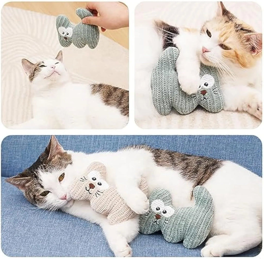 Cyan catnip plush rope toy with bell for cats on wooden floor