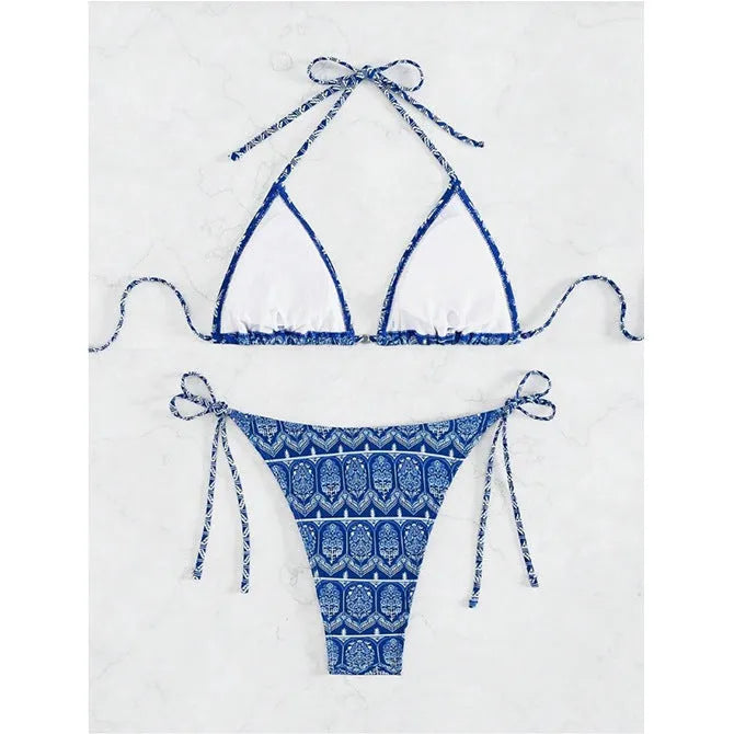 Women's split bikini swimsuit with bandage stitching detail in polyester fabric
