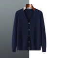 Man wearing Andy Velvet cardigan coat in dark blue colour with V-neck and long sleeves