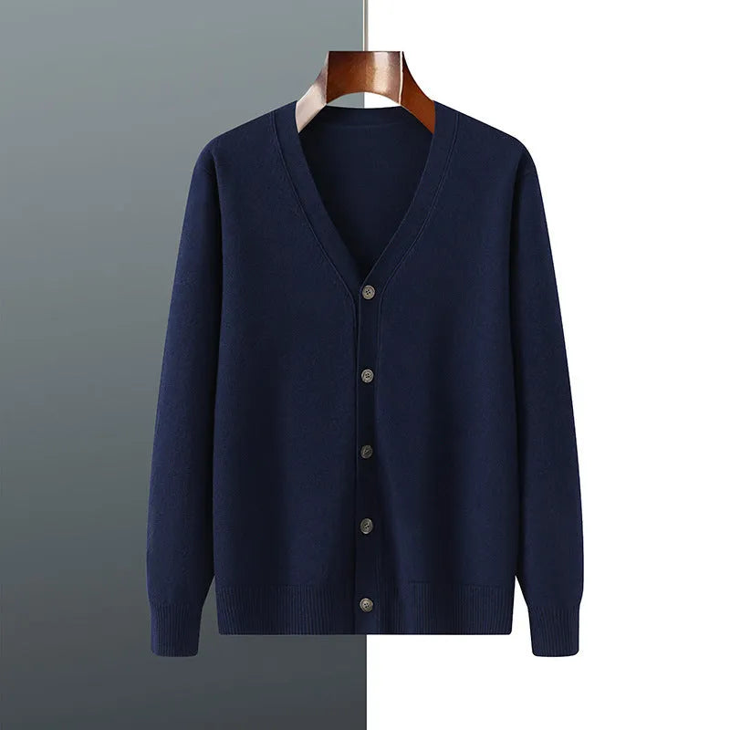 Man wearing Andy Velvet cardigan coat in dark blue colour with V-neck and long sleeves