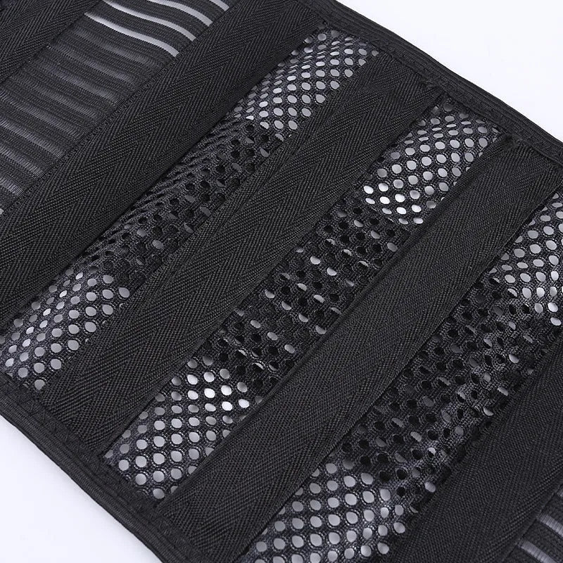 Black breathable sports waist support with steel plate for lumbar decompression, shown with size tags.