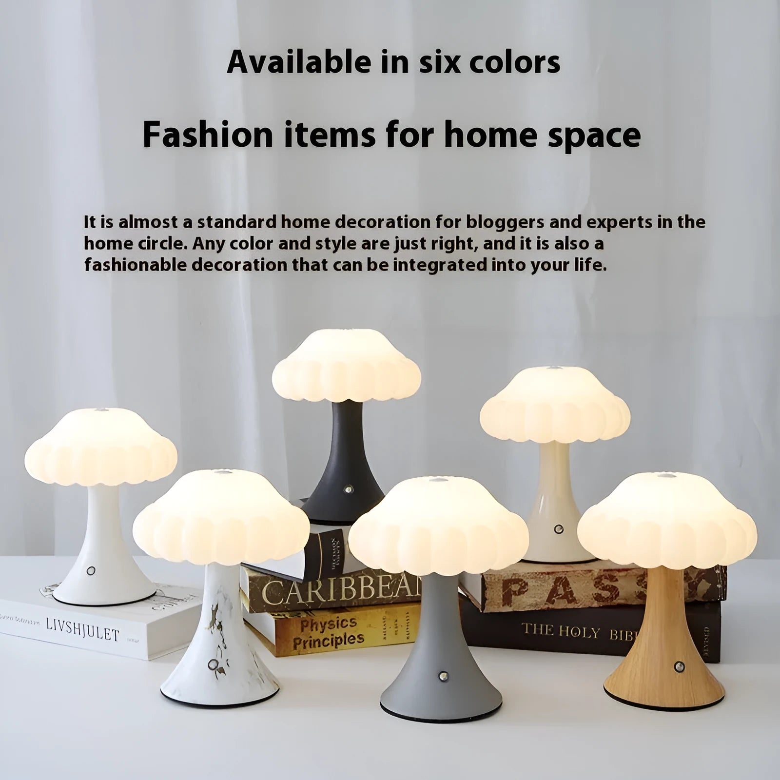 Small decorative mushroom-shaped night lamp on a surface, showcasing its USB charging port and touch control.
