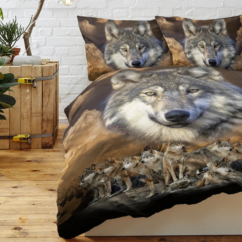 Brown 3-piece wolf print duvet set with microfiber comforter and two pillow shams on bed