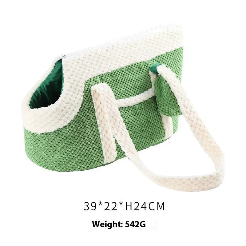 Shoulder cat bag in short plush with cartoon pattern, shown in green, red vertical stripes, or yellow and sunny colour options.