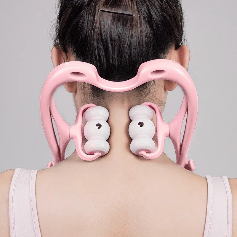 Blue neck massager with 360 degree roller and 96 acupoint nodes for deep tissue pain relief on neck and shoulders