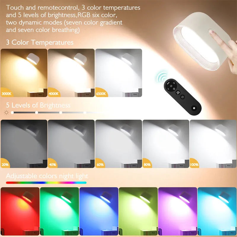 White remote touch magnetic wall lamp showing oval light panel and remote control on a wall.