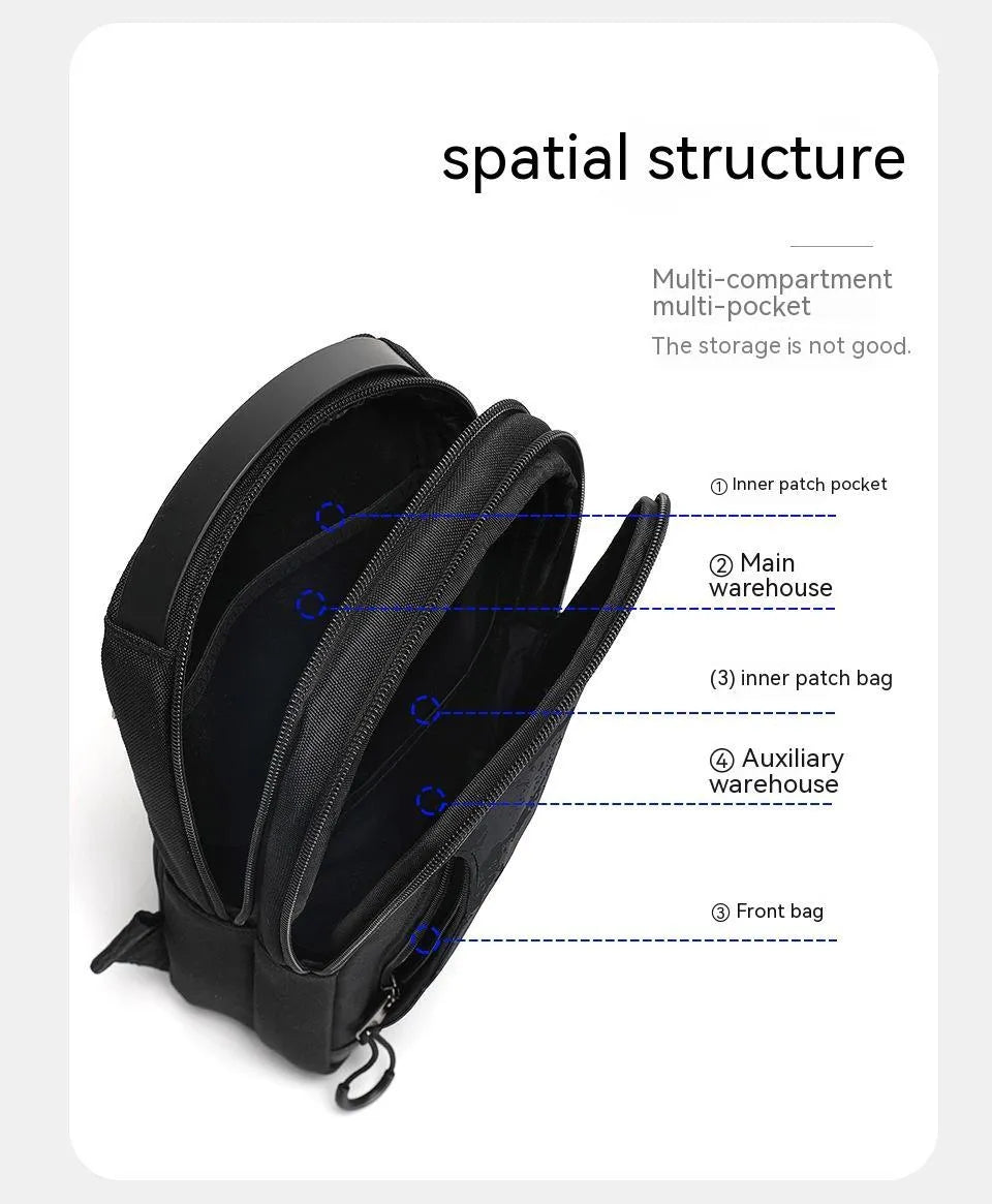 Black camouflage chest bag with single shoulder strap showing waterproof TPU construction and mobile phone compartment