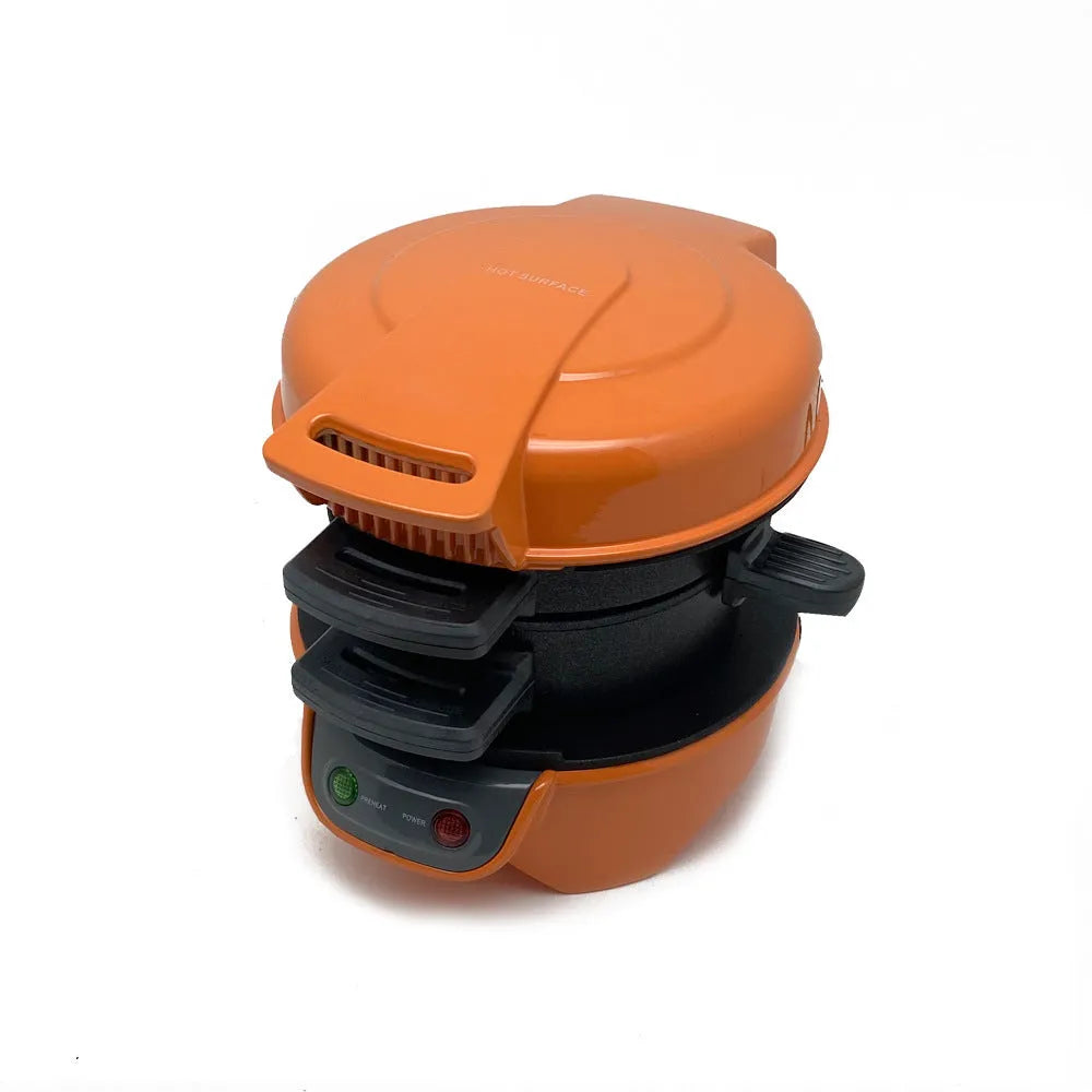 Breakfast machine sandwich maker with egg cooker ring and waffle plates in red, orange or grey