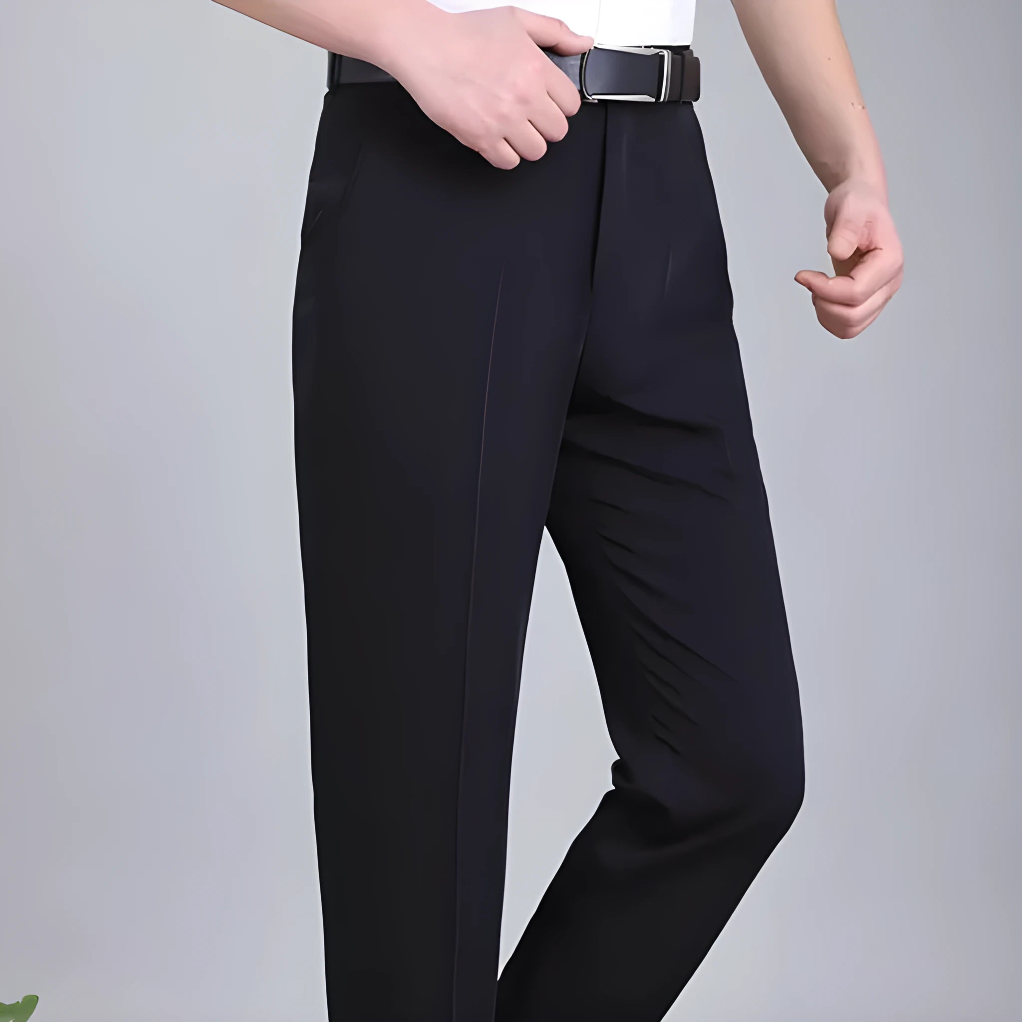 Man wearing dark blue non-iron straight-fit mulberry silk blend business trousers.