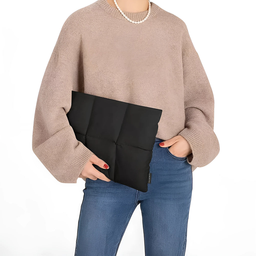Soft fluffy polyester laptop sleeve in black or khaki with retro sewing details for 13 to 15.6 inch laptops